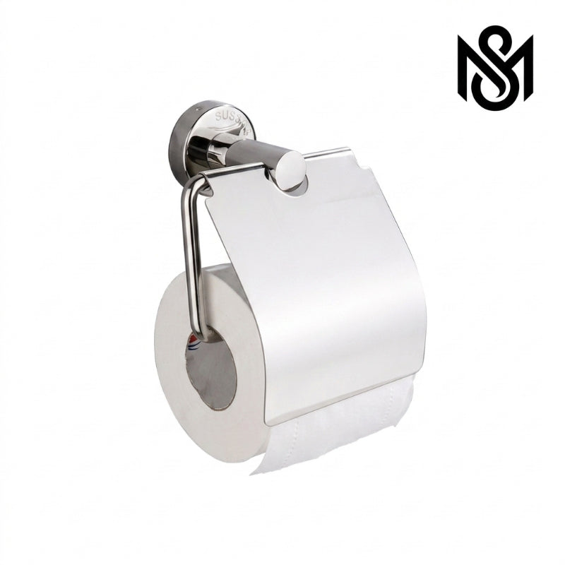 A side-angle product photo of a high-polish silver stainless steel covered toilet paper holder, with a single roll of white toilet paper.