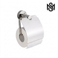 A side-angle product photo of a high-polish silver stainless steel covered toilet paper holder, with a single roll of white toilet paper.