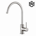 Modern stainless steel gooseneck kitchen faucet with high arc spout and single lever mixer handle