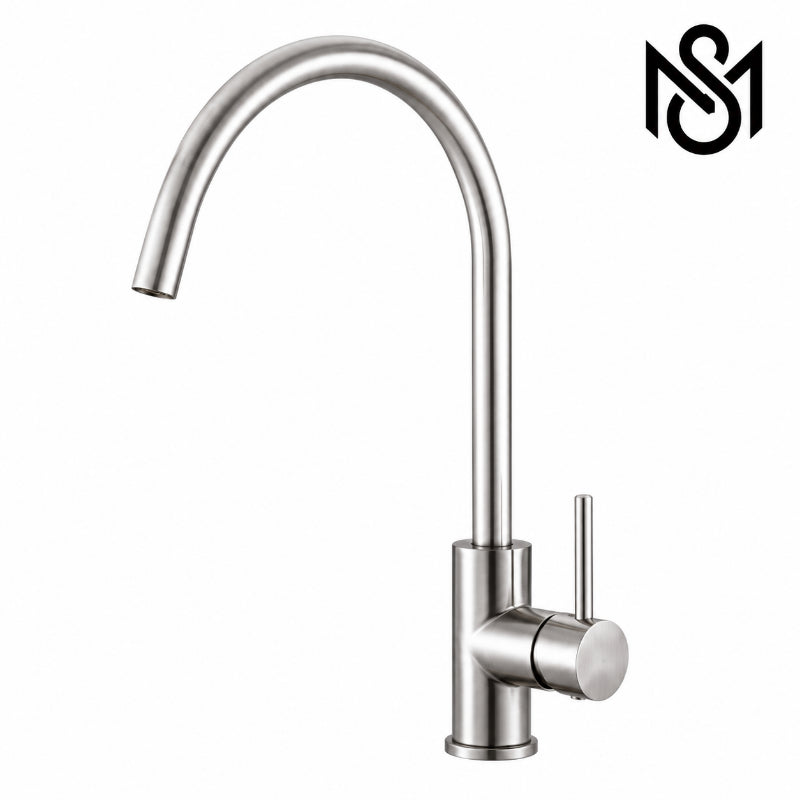 Modern stainless steel gooseneck kitchen faucet with high arc spout and single lever mixer handle