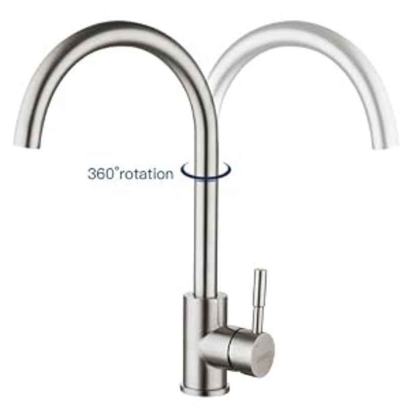 Modern stainless steel gooseneck kitchen faucet with high arc spout and single lever mixer handle