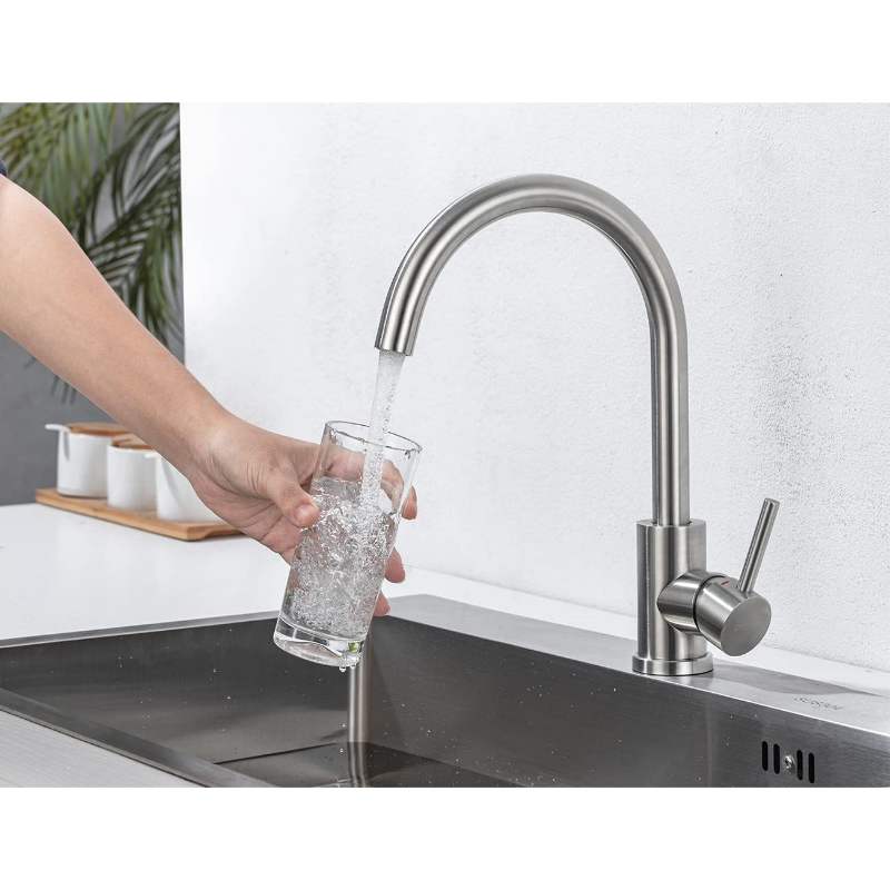 Modern stainless steel gooseneck kitchen faucet with high arc spout and single lever mixer handle