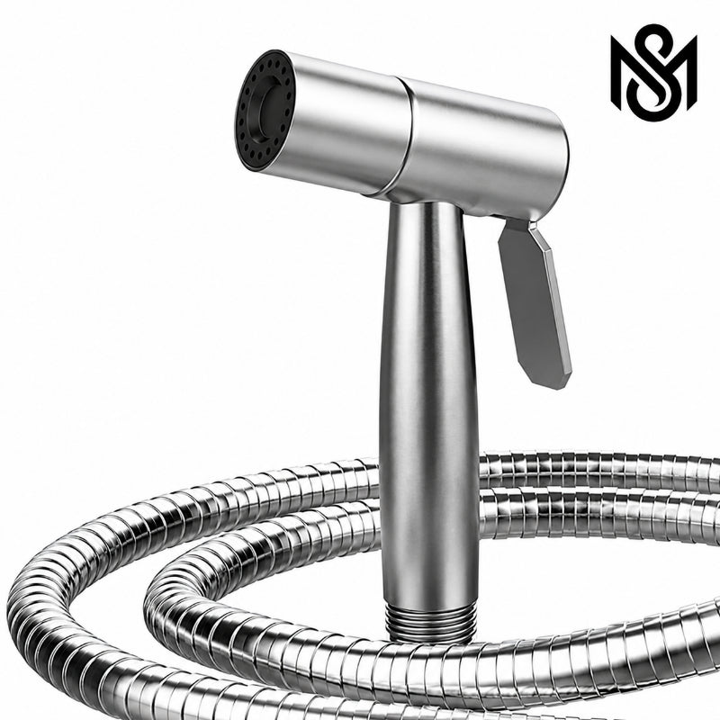 Stainless steel handheld bidet sprayer with trigger handle and flexible metal hose, displayed on a clean white background