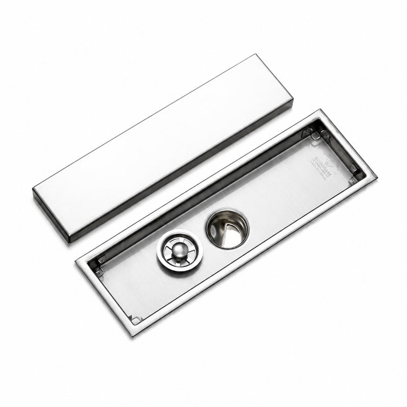 Stainless steel rectangular floor drain with removable cover and circular drainage outlet for bathroom and shower