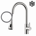 Brushed stainless steel pull-down kitchen faucet with high-arc gooseneck spout, single lever and flexible spray hose.