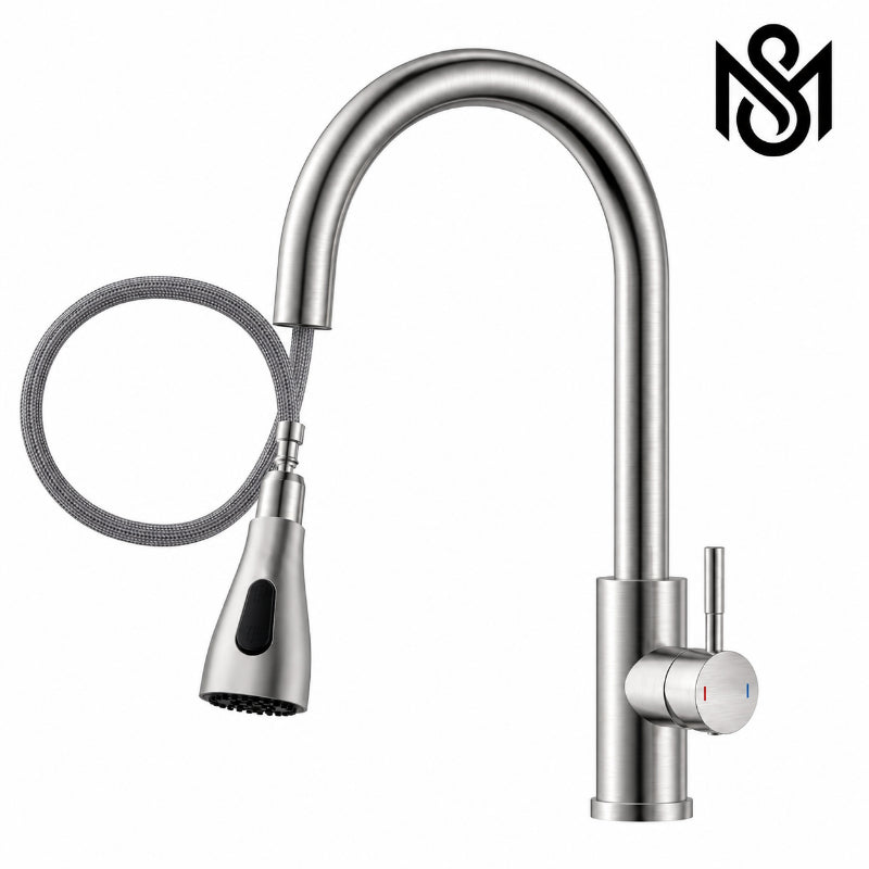 Brushed stainless steel pull-down kitchen faucet with high-arc gooseneck spout, single lever and flexible spray hose.