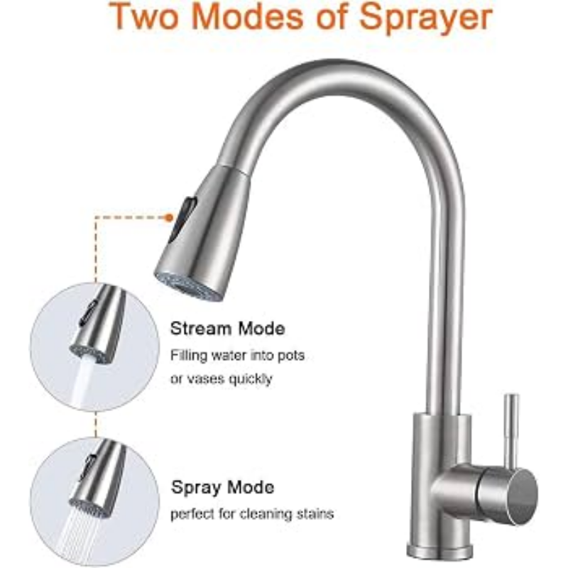 Brushed stainless steel pull-down kitchen faucet with high-arc gooseneck spout, single lever and flexible spray hose.
