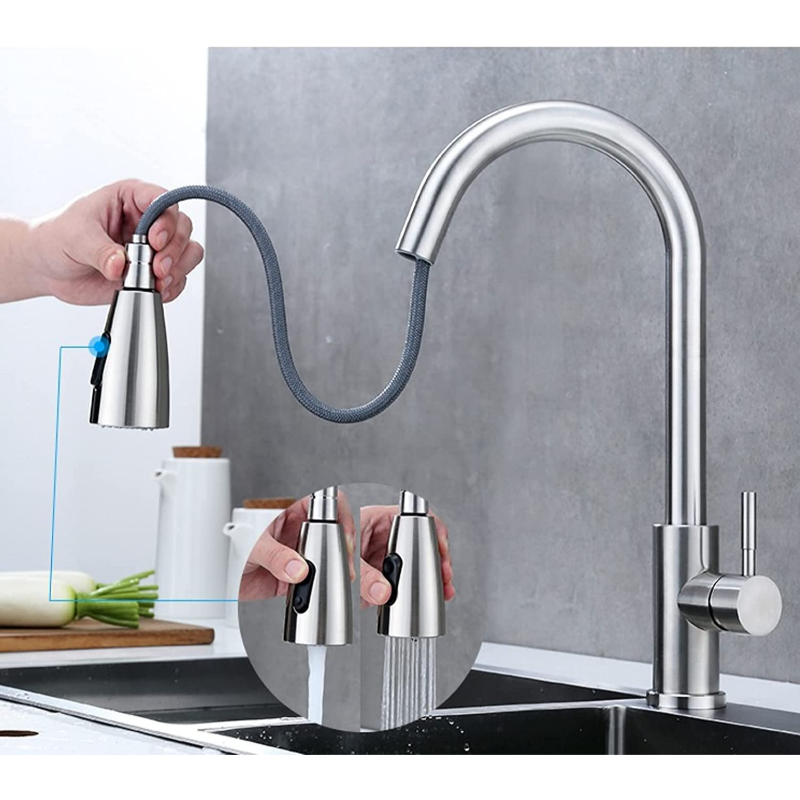 Brushed stainless steel pull-down kitchen faucet with high-arc gooseneck spout, single lever and flexible spray hose.