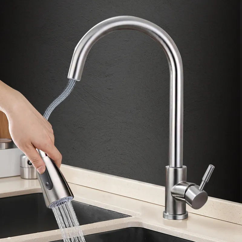 Brushed stainless steel pull-down kitchen faucet with high-arc gooseneck spout, single lever and flexible spray hose.