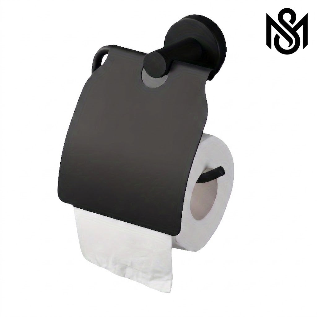 Matte black toilet paper holder with a protective cover mounted on a white background, displaying a single roll of toilet paper.
