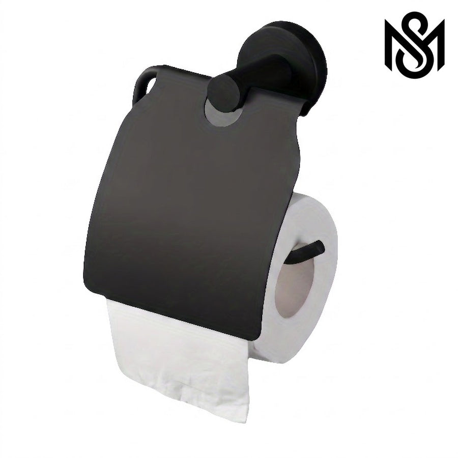 Matte black toilet paper holder with a protective cover mounted on a white background, displaying a single roll of toilet paper.