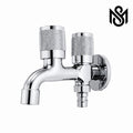 wall tap with knurled knobs, curved spout, and additional hose connection.
