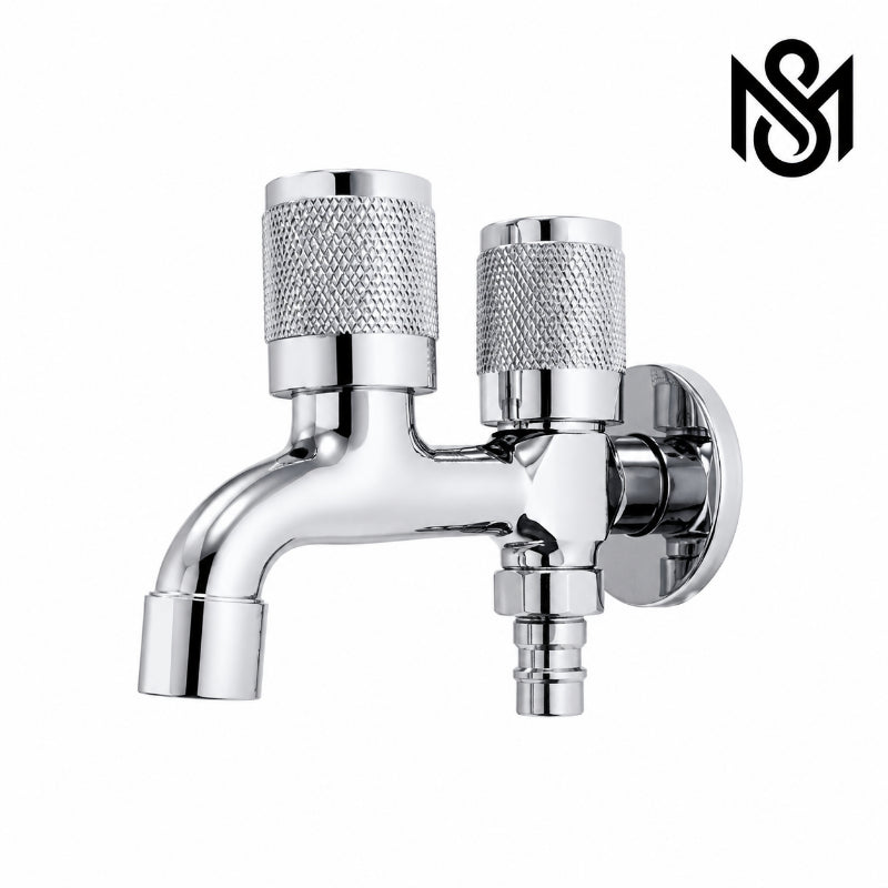 wall tap with knurled knobs, curved spout, and additional hose connection.